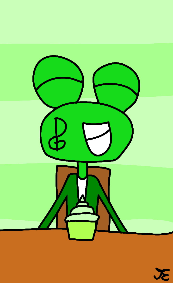 Cleff, an anthropomorphic green frog with a treble clef tattoo on his cheek dressed in a white shirt and dark green jacket, sitting at a table with a grin. In front of him is a cupcake with a green wrapper.